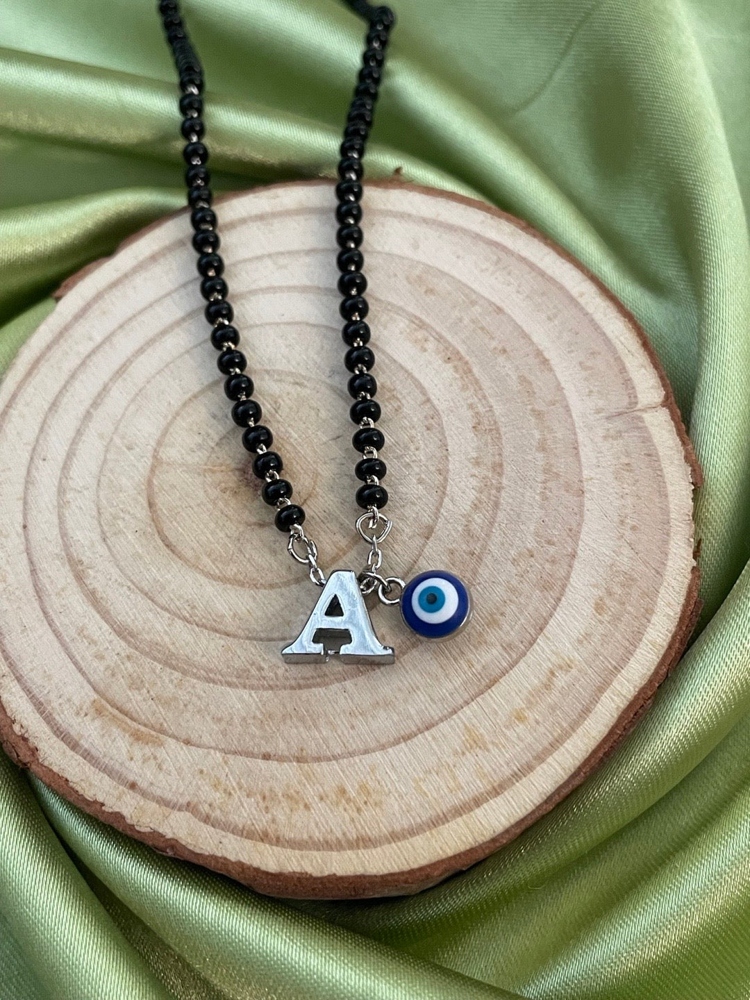 A To Z Letter Alphabet With Blue Evil Eye Charm Pendant Short Silver Name Mangalsutra(20Inches)