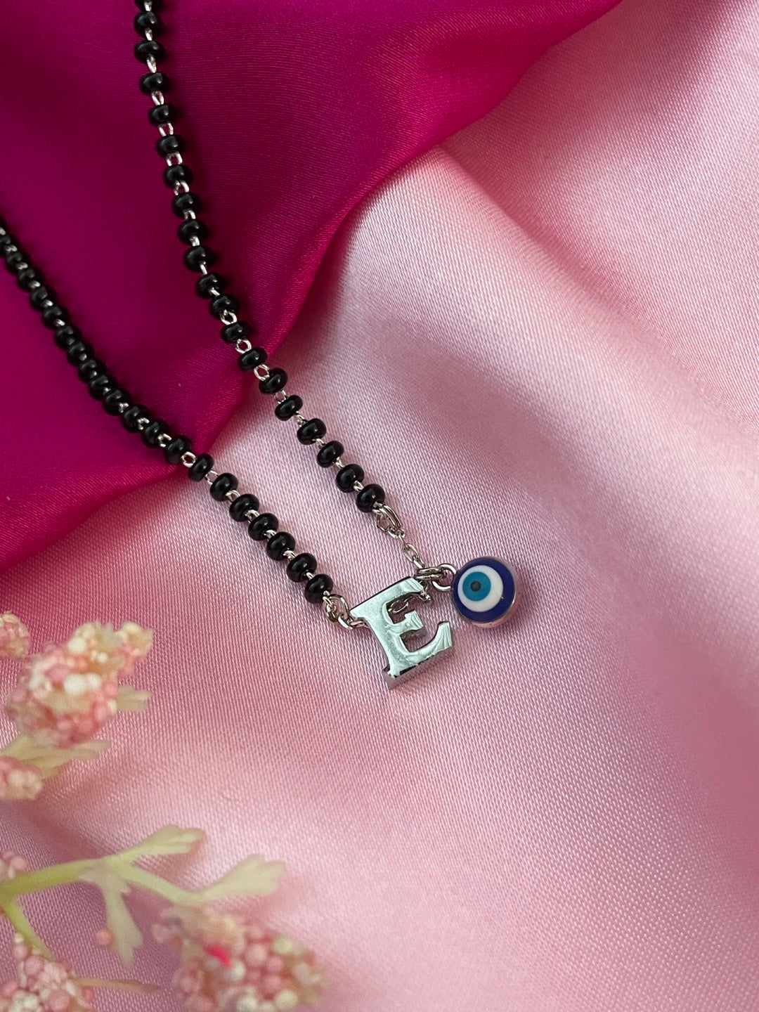 A To Z Letter Alphabet With Blue Evil Eye Charm Pendant Short Silver Name Mangalsutra(20Inches)
