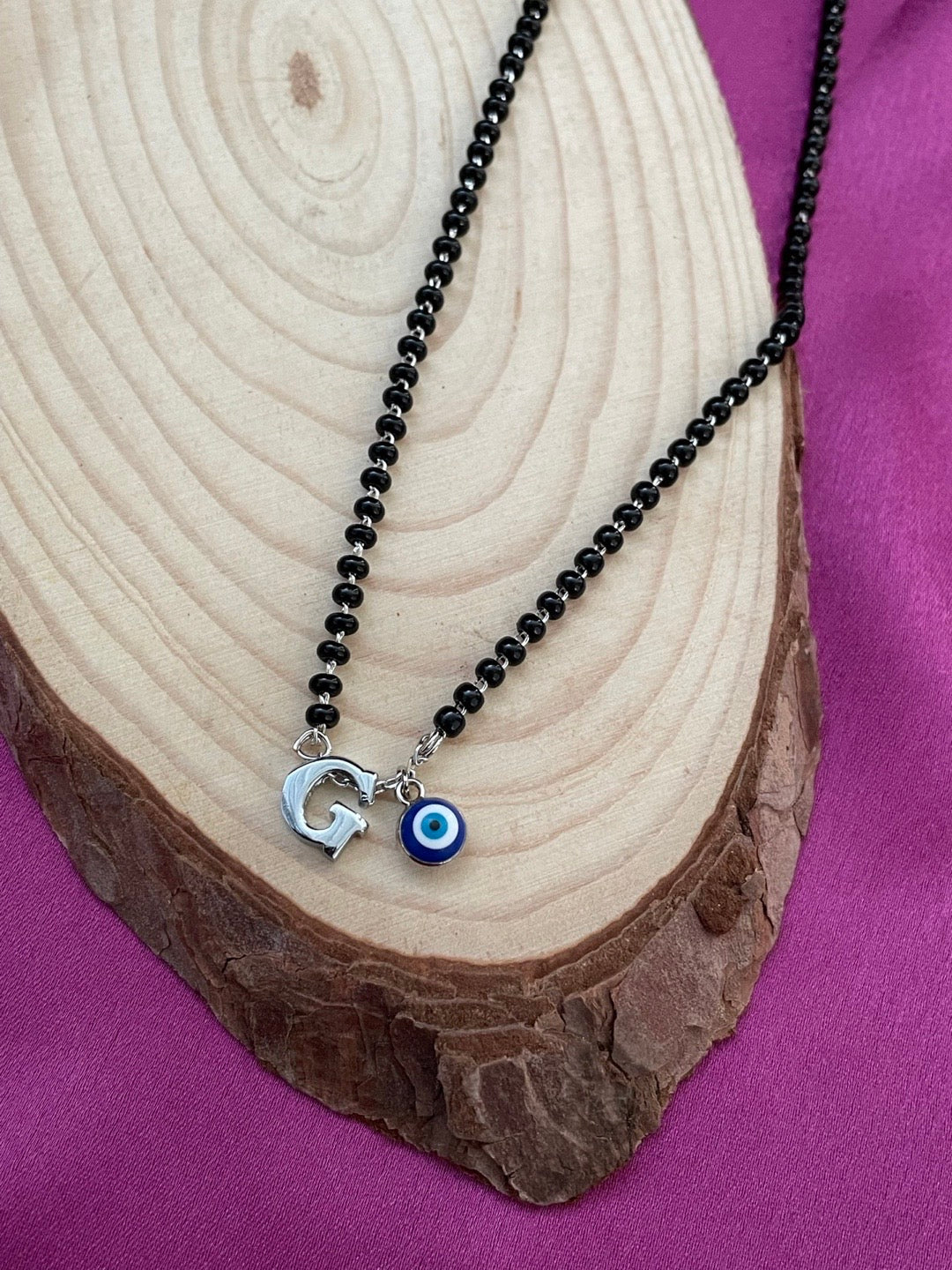 A To Z Letter Alphabet With Blue Evil Eye Charm Pendant Short Silver Name Mangalsutra(20Inches)