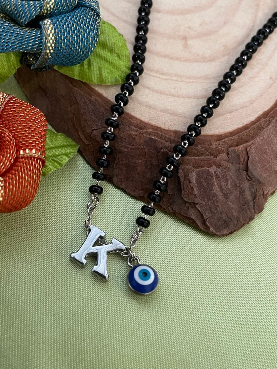 A To Z Letter Alphabet With Blue Evil Eye Charm Pendant Short Silver Name Mangalsutra(20Inches)