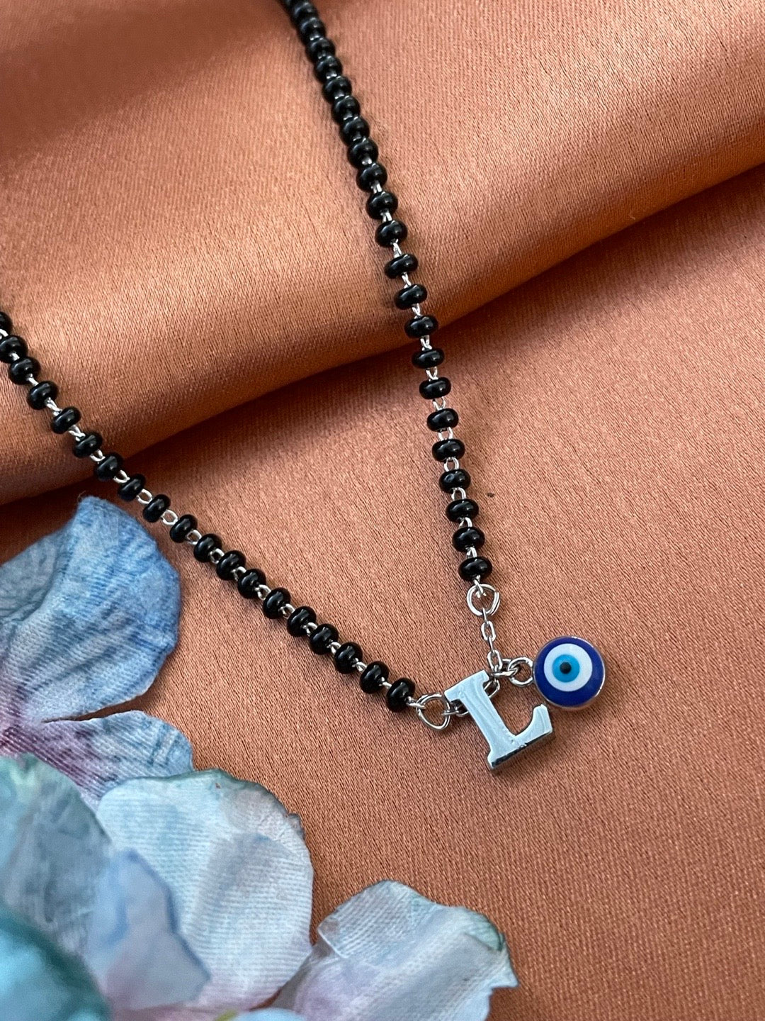 A To Z Letter Alphabet With Blue Evil Eye Charm Pendant Short Silver Name Mangalsutra(20Inches)