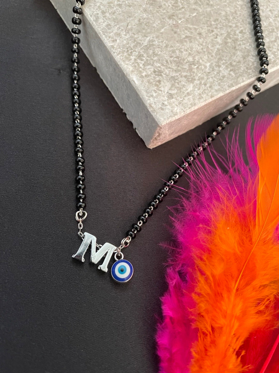 A To Z Letter Alphabet With Blue Evil Eye Charm Pendant Short Silver Name Mangalsutra(20Inches)