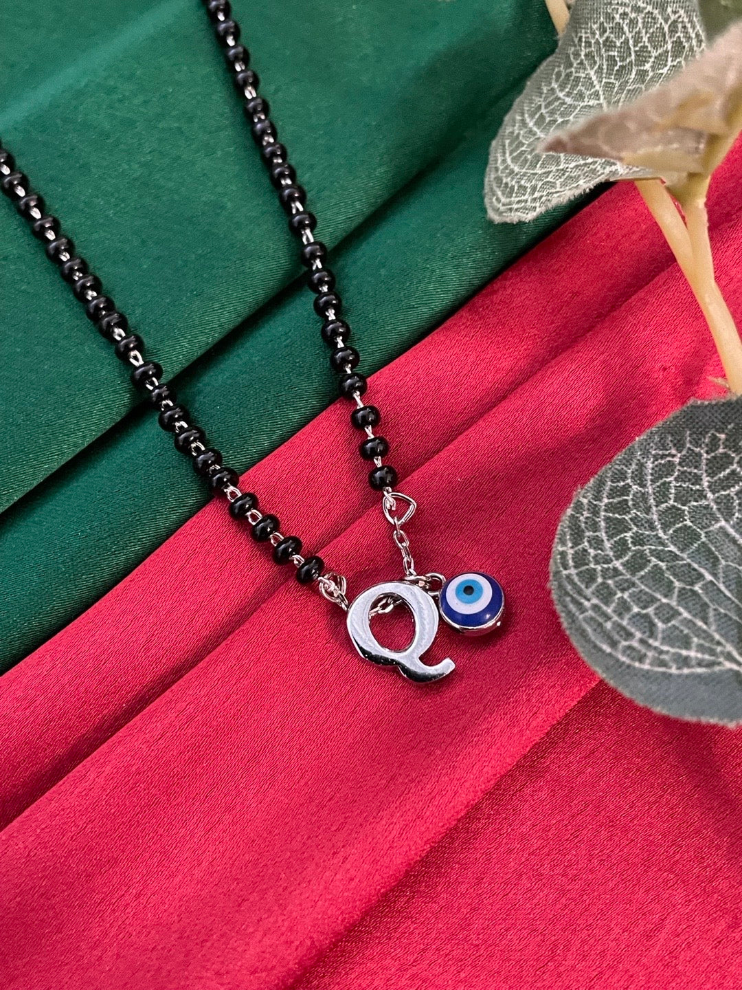 A To Z Letter Alphabet With Blue Evil Eye Charm Pendant Short Silver Name Mangalsutra(20Inches)