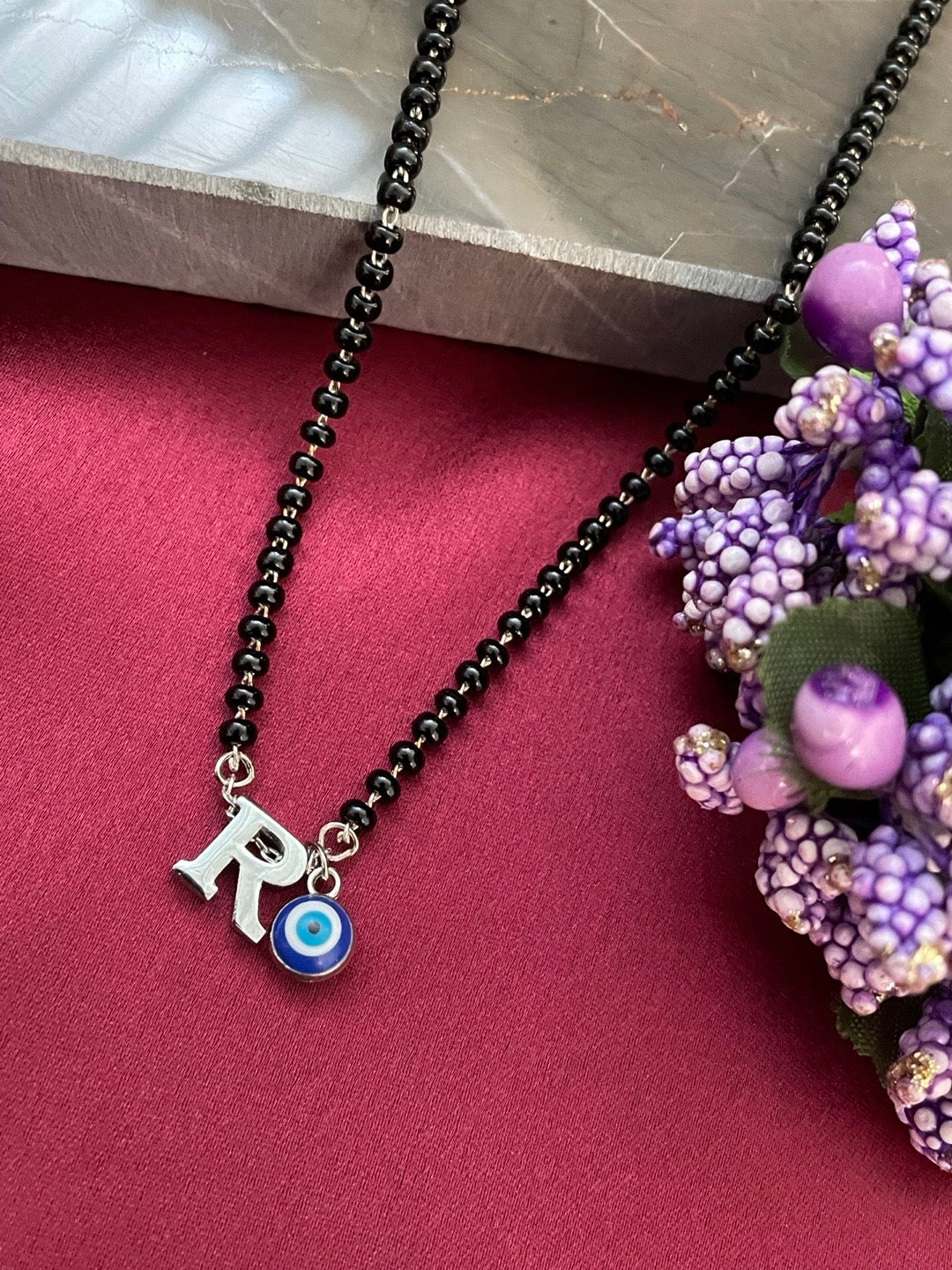 A To Z Letter Alphabet With Blue Evil Eye Charm Pendant Short Silver Name Mangalsutra(20Inches)