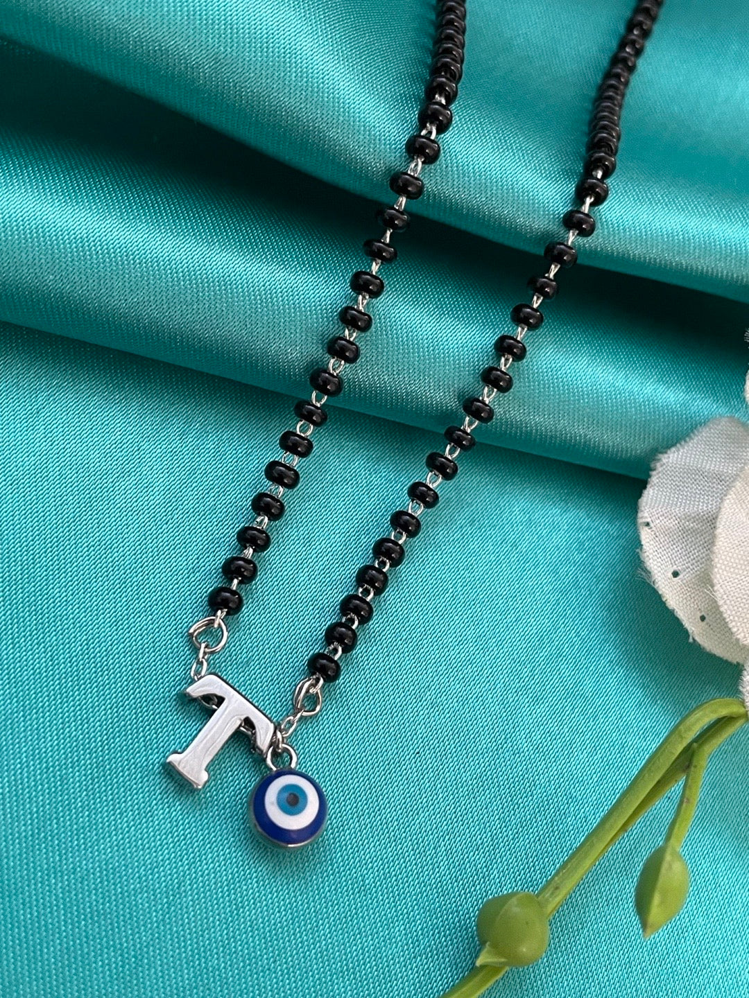 A To Z Letter Alphabet With Blue Evil Eye Charm Pendant Short Silver Name Mangalsutra(20Inches)