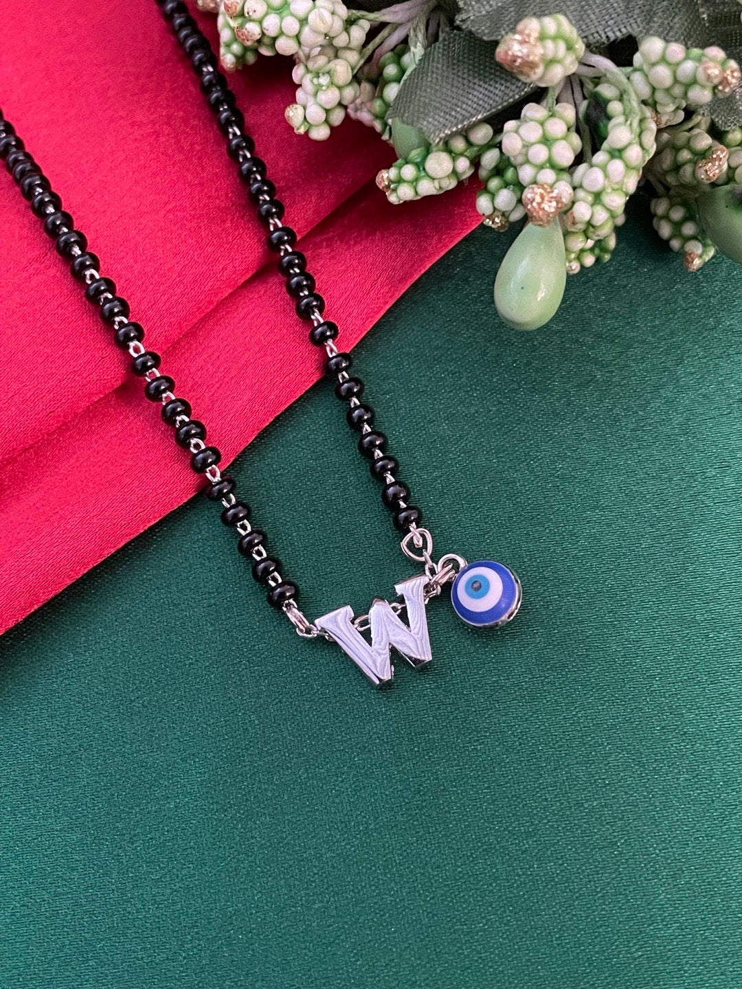 A To Z Letter Alphabet With Blue Evil Eye Charm Pendant Short Silver Name Mangalsutra(20Inches)