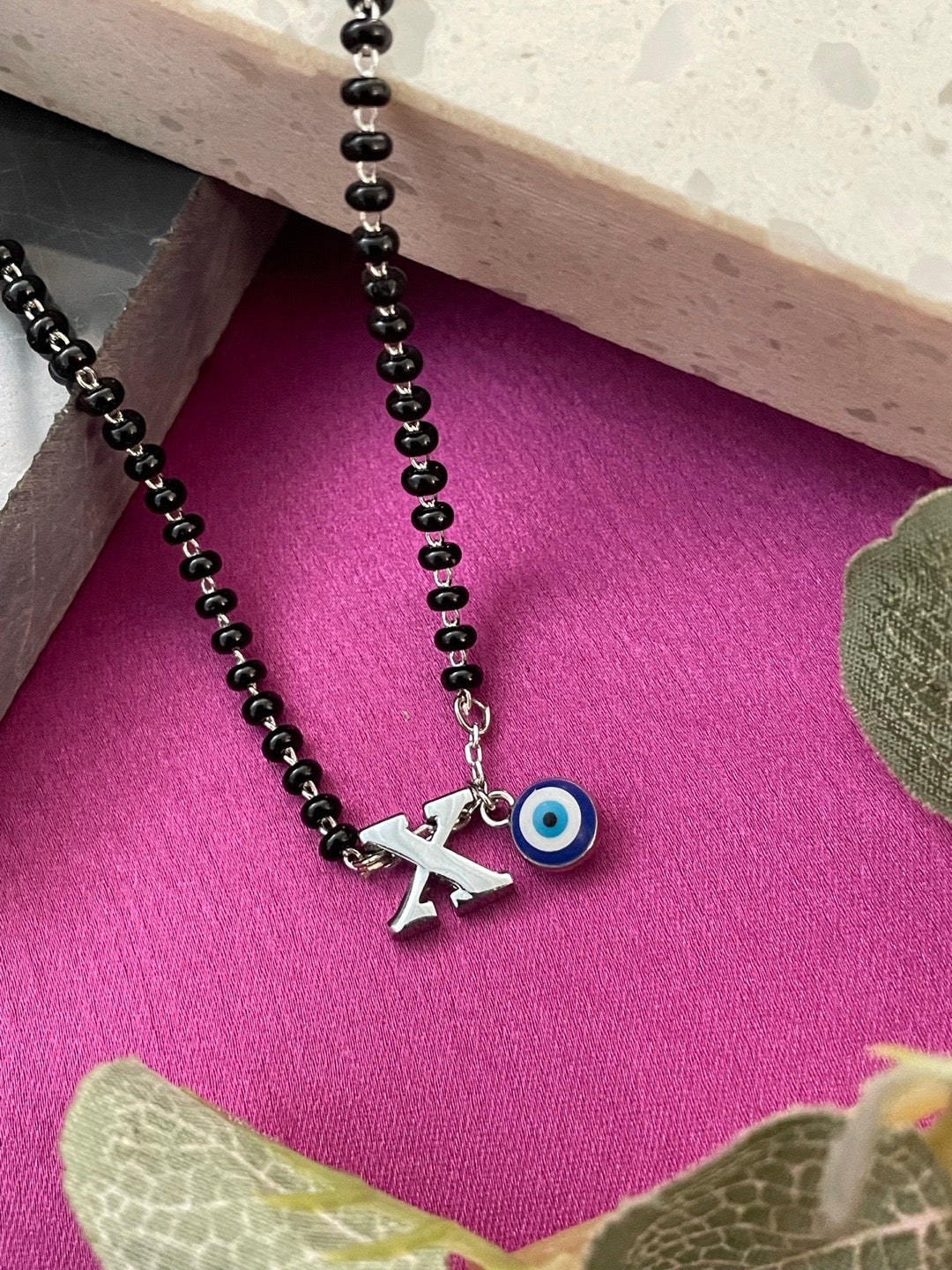 A To Z Letter Alphabet With Blue Evil Eye Charm Pendant Short Silver Name Mangalsutra(20Inches)
