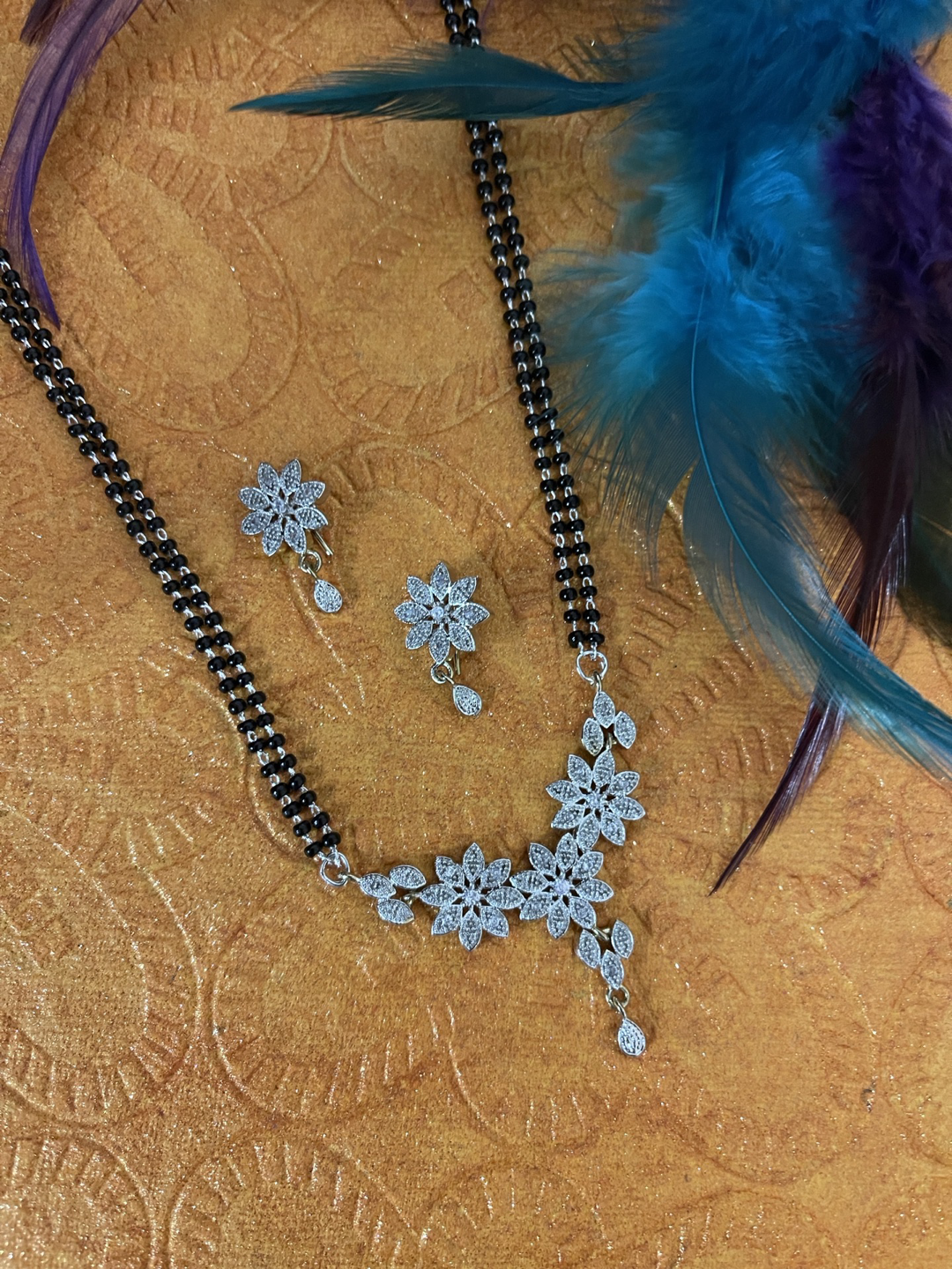 Silver Plated American Diamond Long Mangalsutra Set With Earrings
