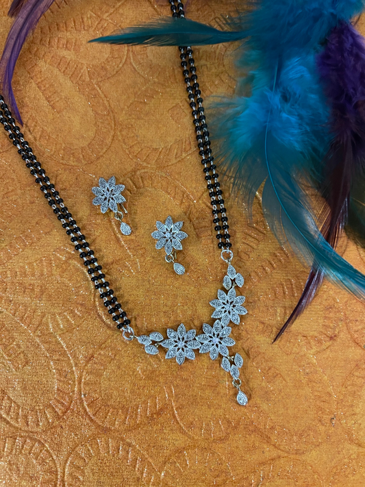 Silver Plated American Diamond Long Mangalsutra Set With Earrings