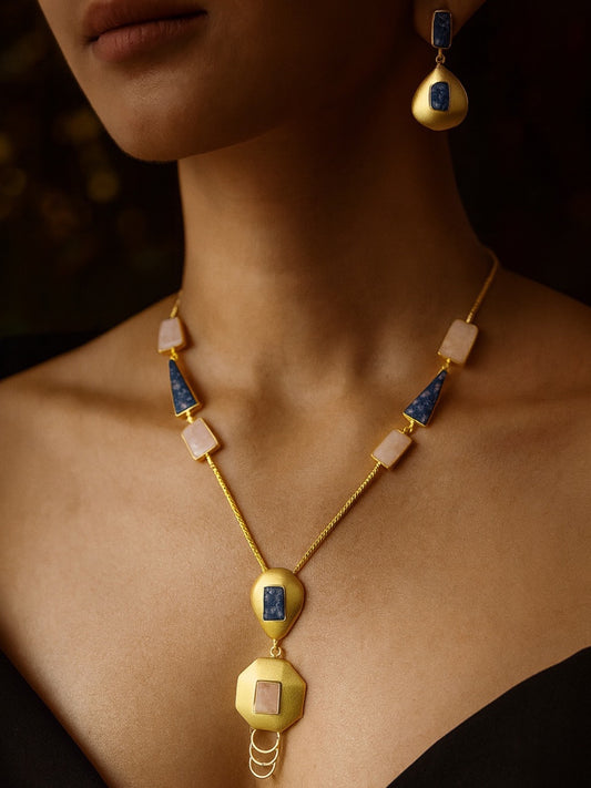 Semi-Precious Rose Quartz & Lapis Stone Beads Mala Necklace Set