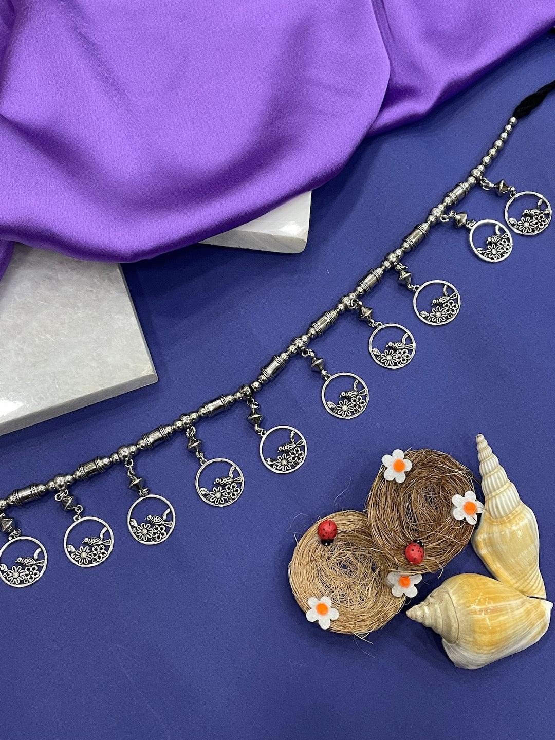 Silver Kamarbandh Flower Bird Design