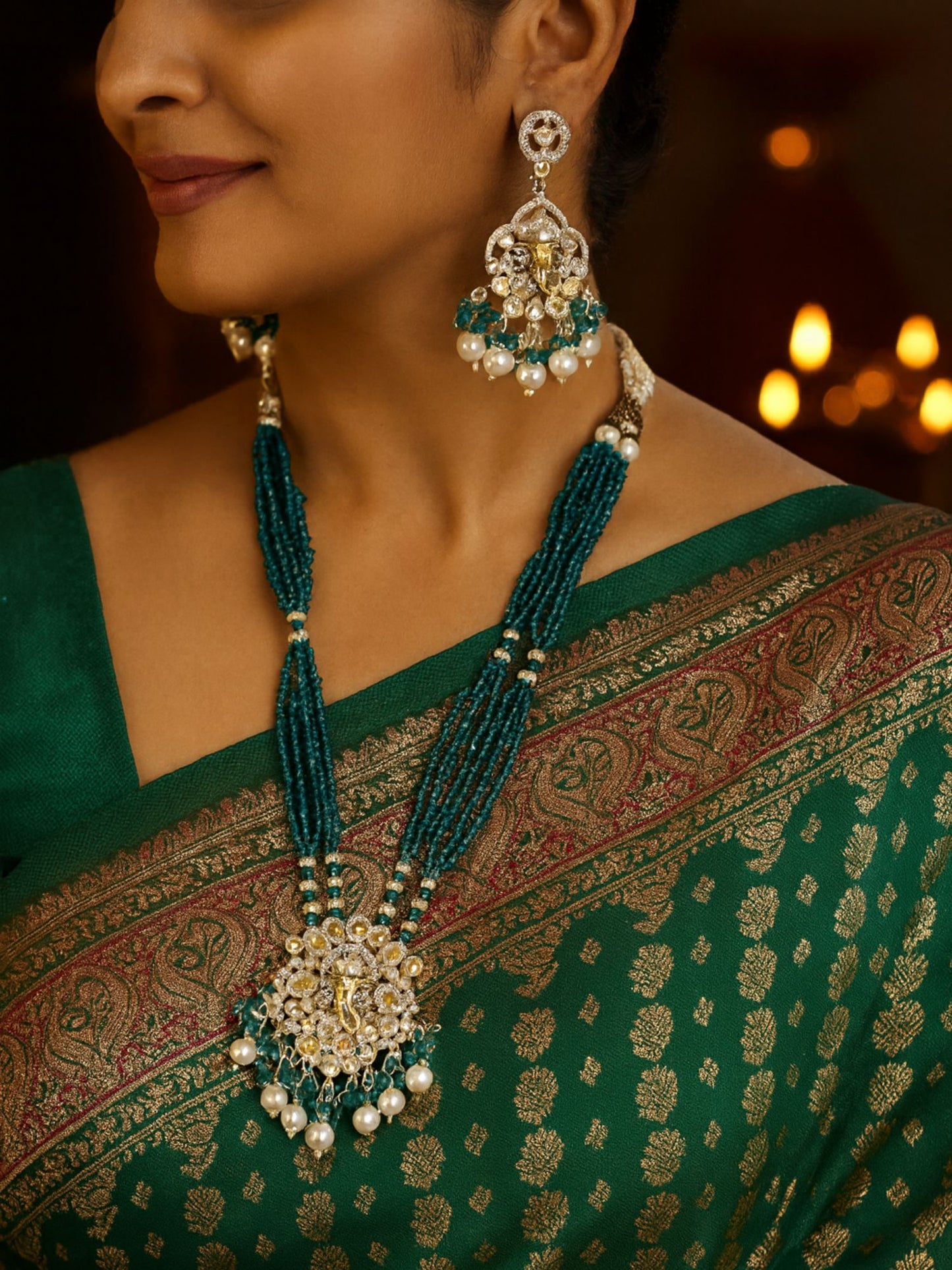 Lord Ganesha Teal Blue Color Necklace Set