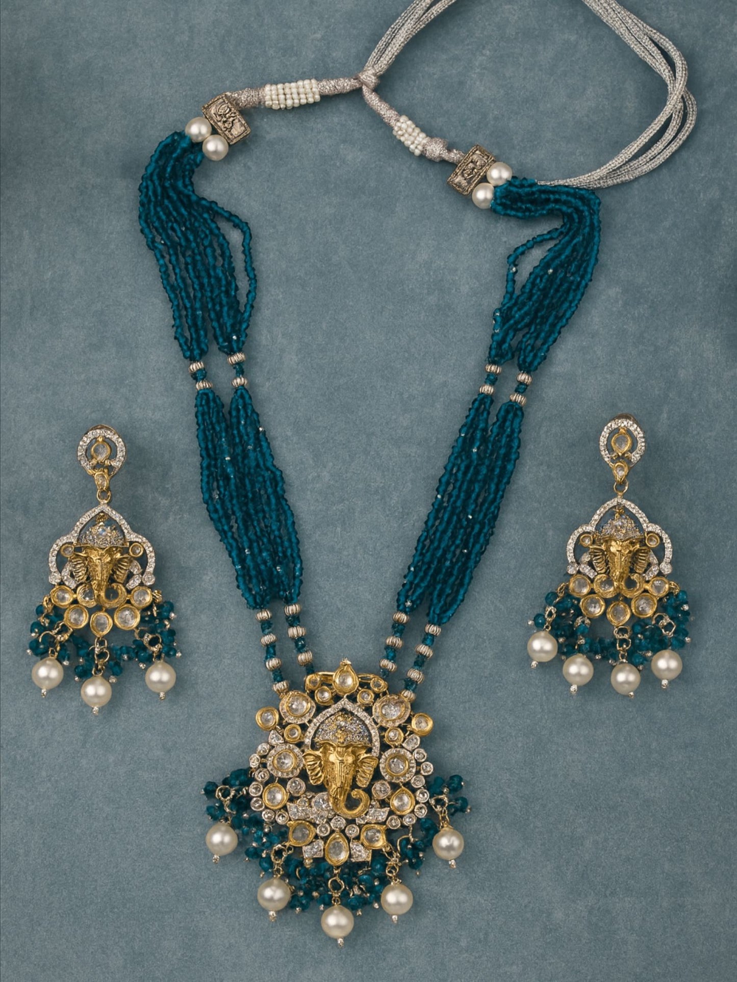 Lord Ganesha Teal Blue Color Necklace Set