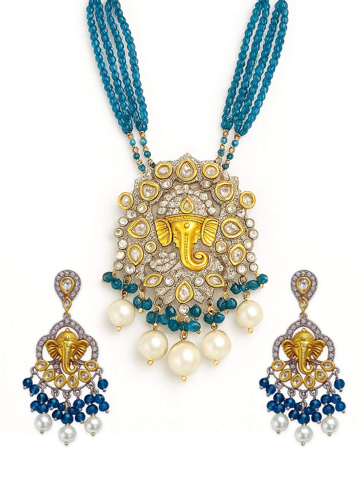 Lord Ganesha Teal Blue Color Necklace Set