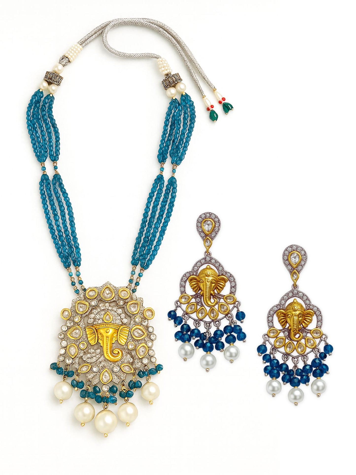Lord Ganesha Teal Blue Color Necklace Set