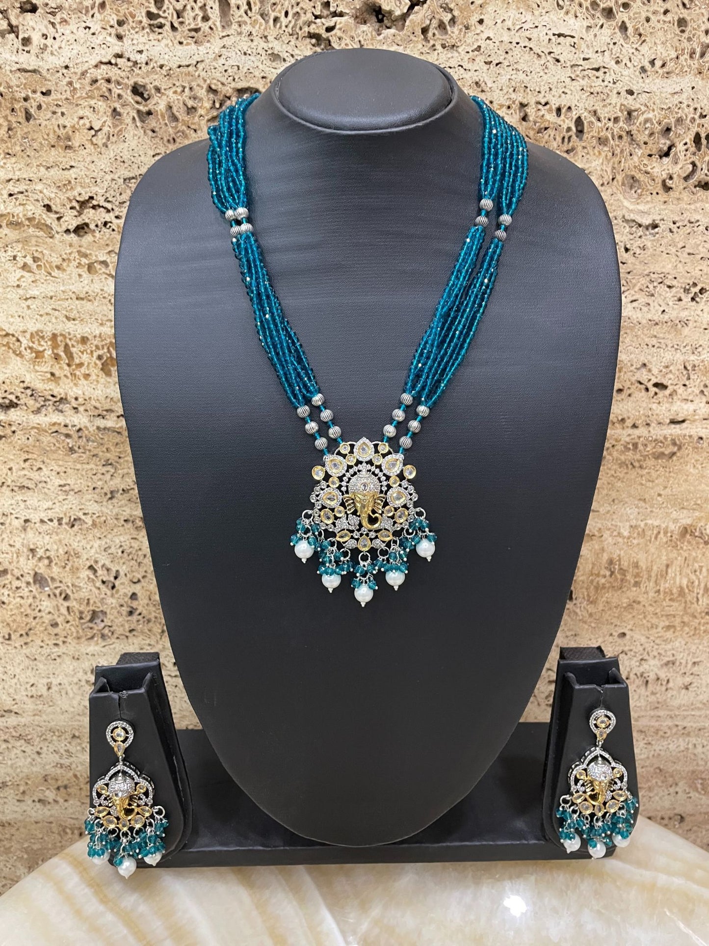 Lord Ganesha Teal Blue Color Necklace Set