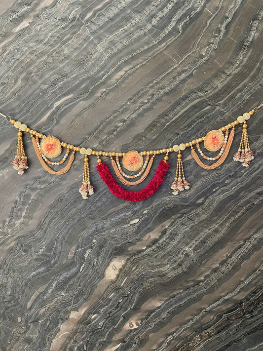 Floral Gold Peach & Red Toran For Door Hangings Diwali Decoration