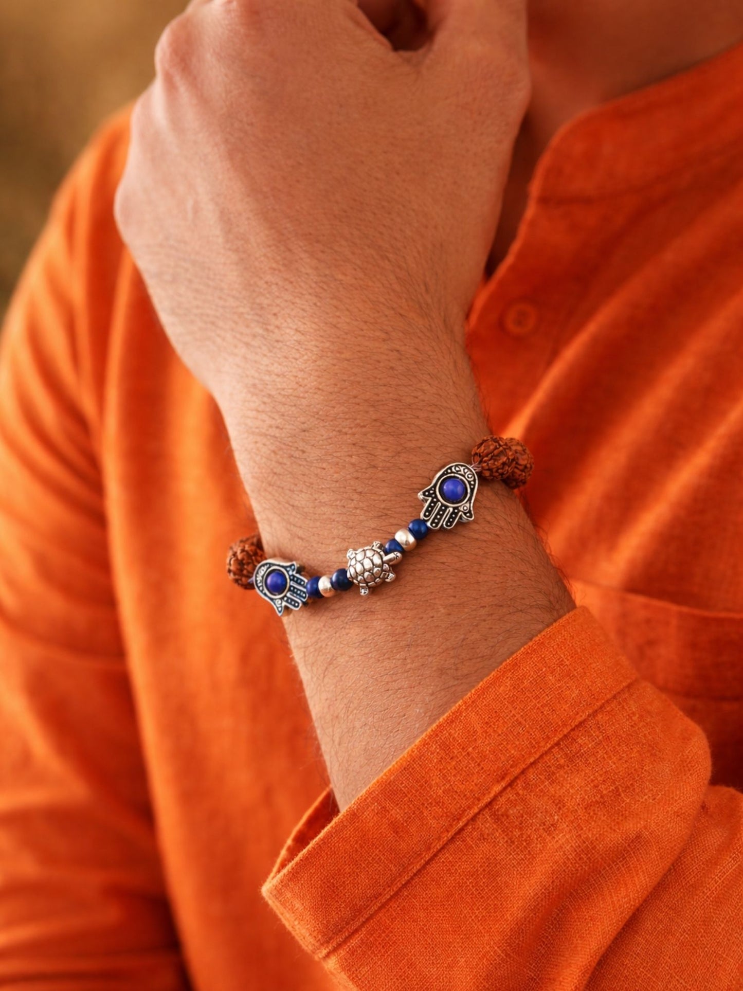 Rudraksha Rakhi Bracelet for Men with Hamsa Charms