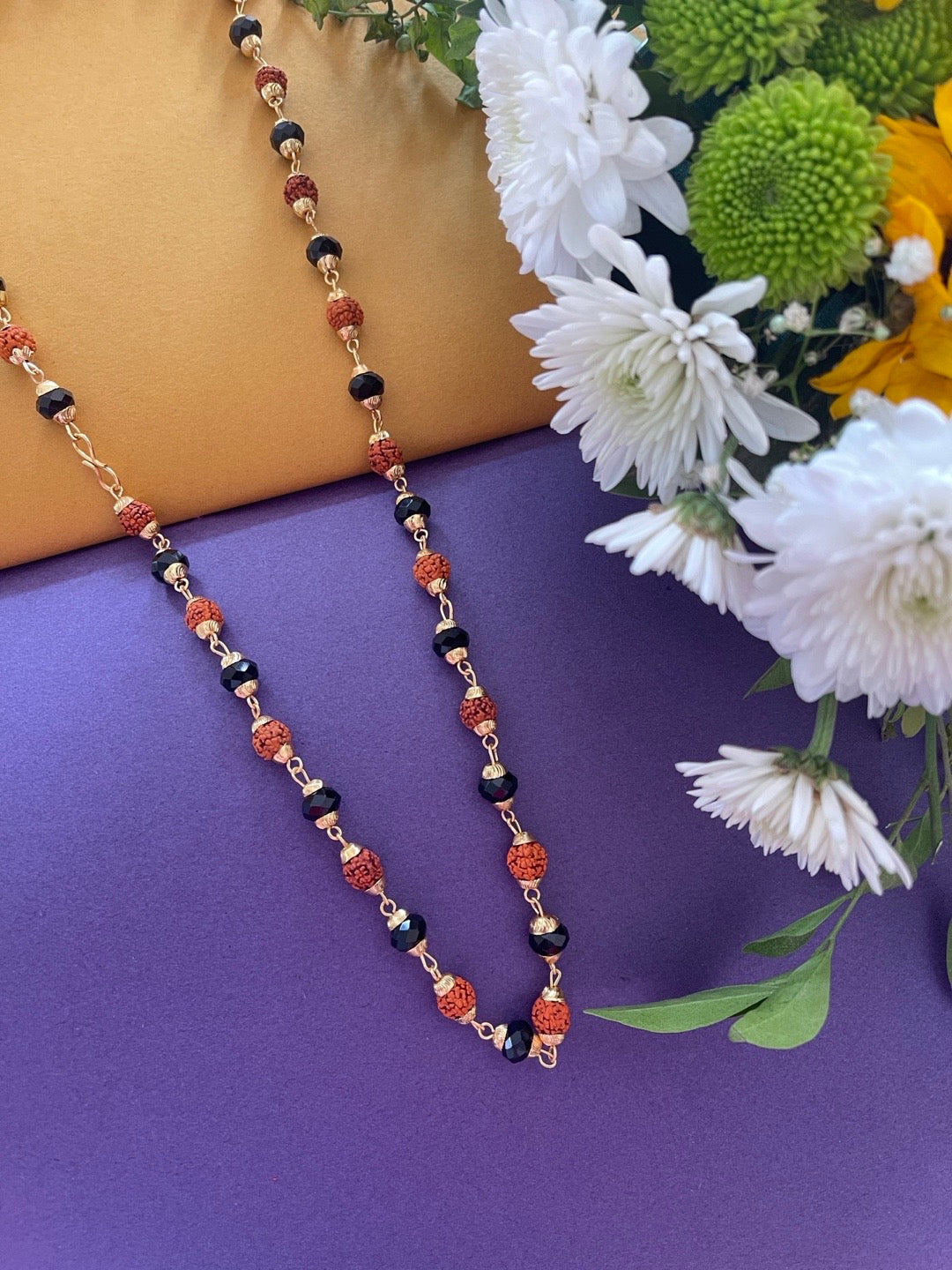 Gold Plated Rudraksha Mala Small Black Crystal Bead Design Necklace