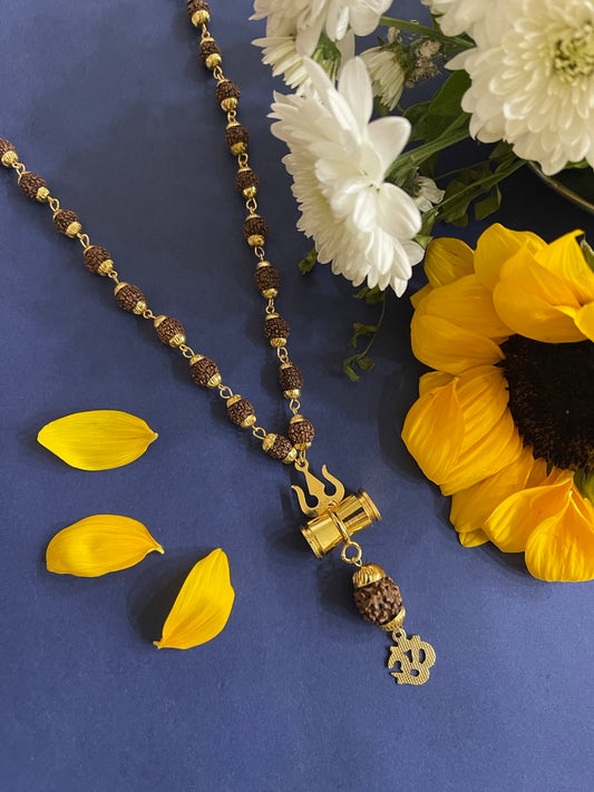 Gold Plated Dark Brown Rudraksha Mala Trishul Damaru With Om Pendant Necklace