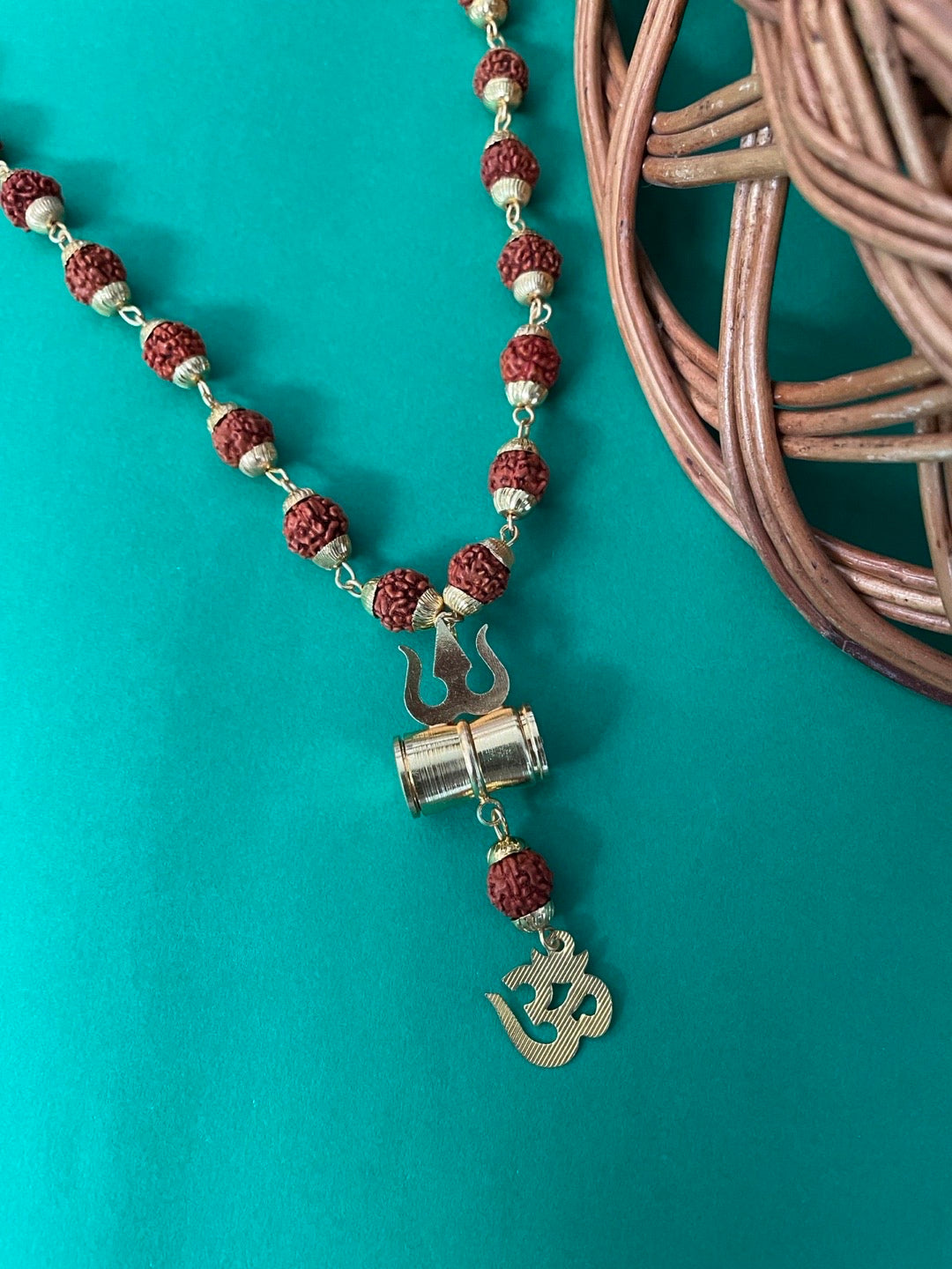 Gold Plated Rudraksha Mala  Trishul Damaru With Om Pendant Necklace