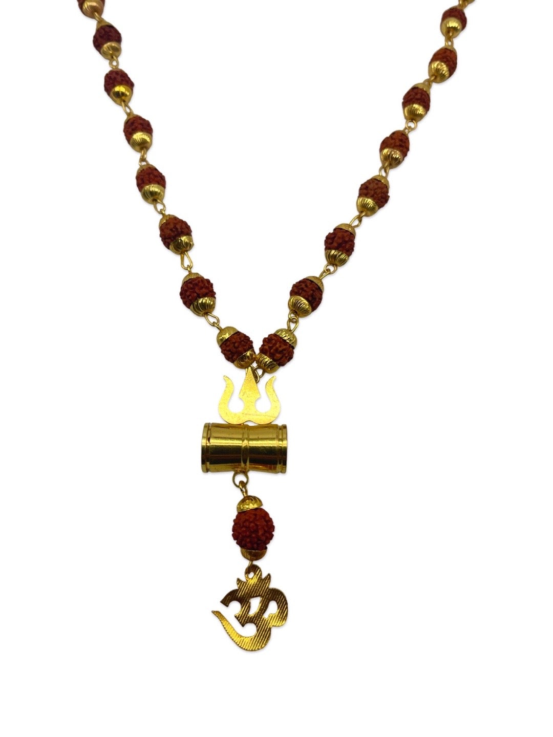 Gold Plated Rudraksha Mala Trishul Damaru With Om Pendant Necklace
