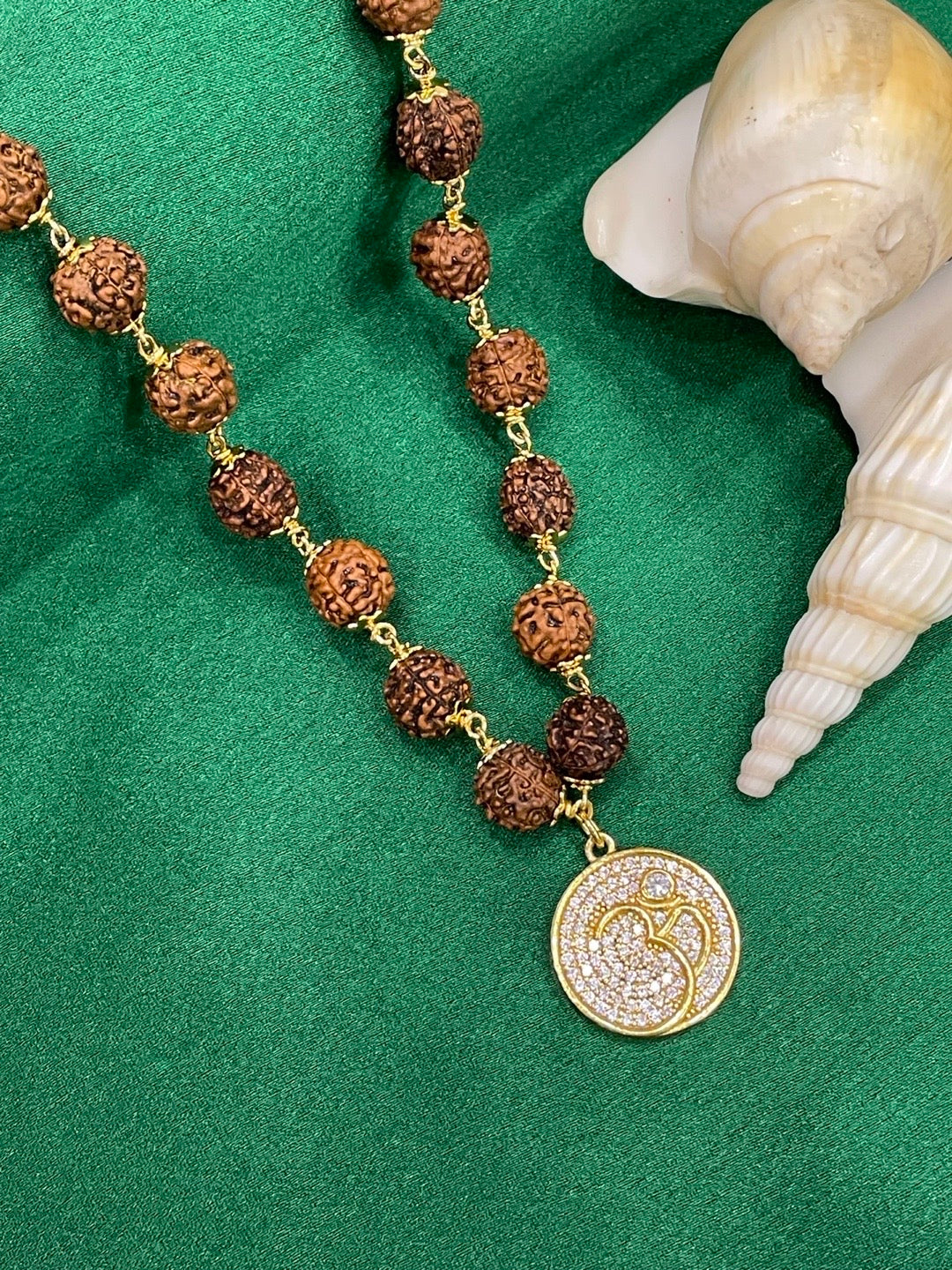 Om AD Round Mens Rudraksha Gold Chain Necklace