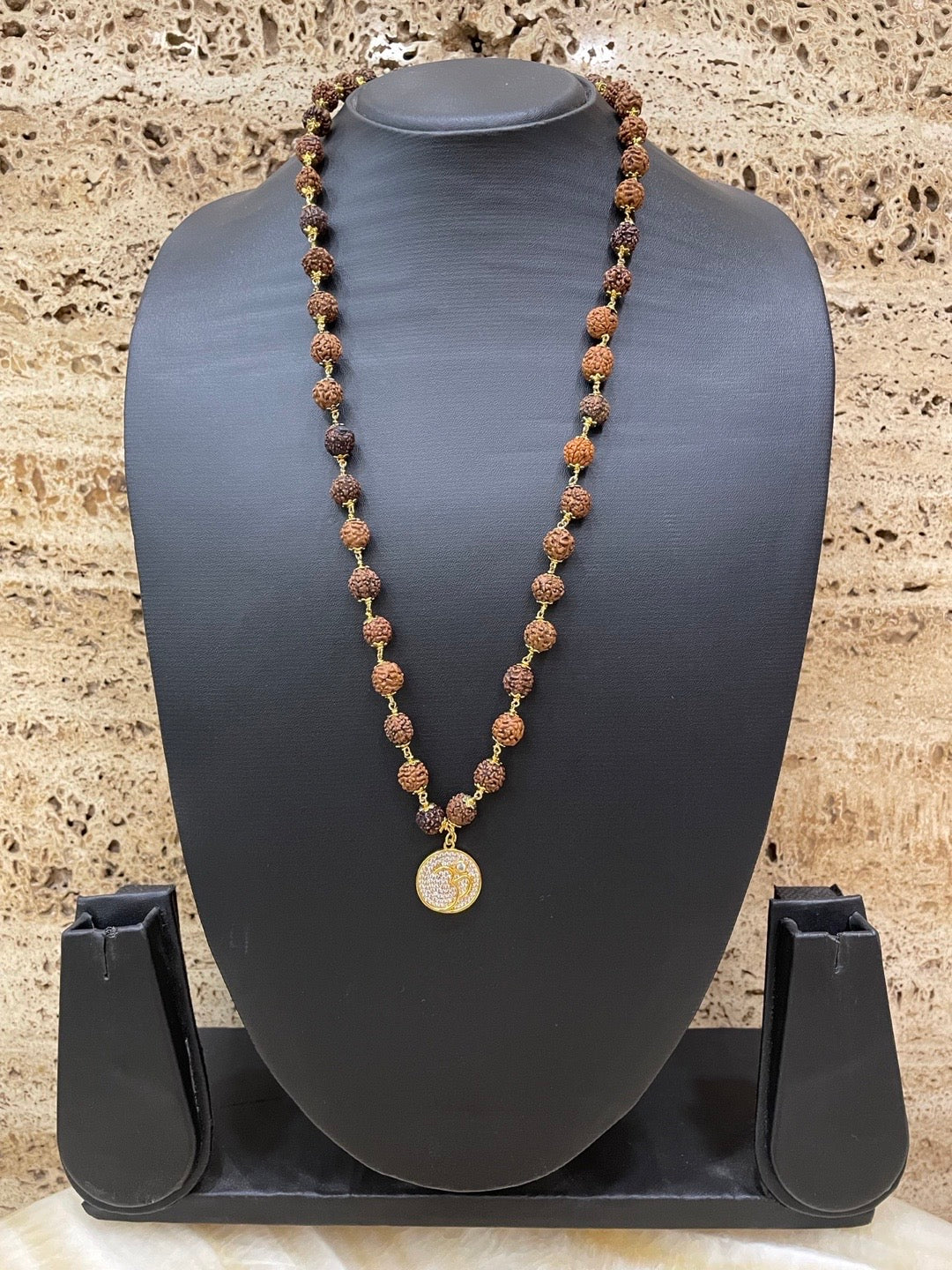 Om AD Round Mens Rudraksha Gold Chain Necklace