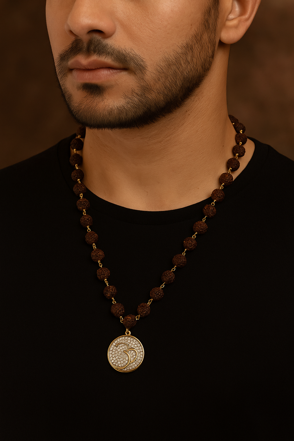 Om AD Round Mens Rudraksha Gold Chain Necklace