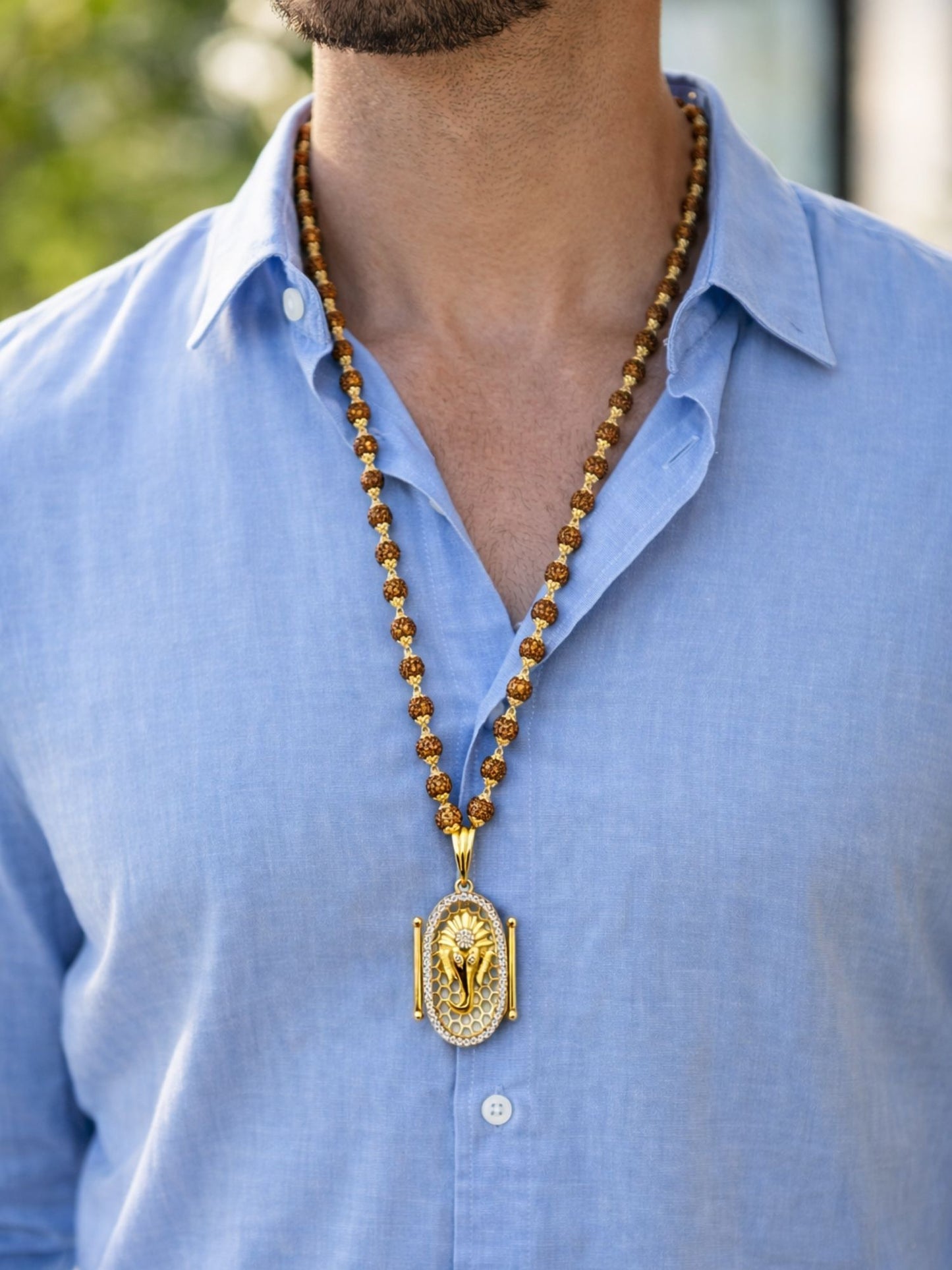 Rudraksha Necklace with Gold-Plated Ganesh Pendant