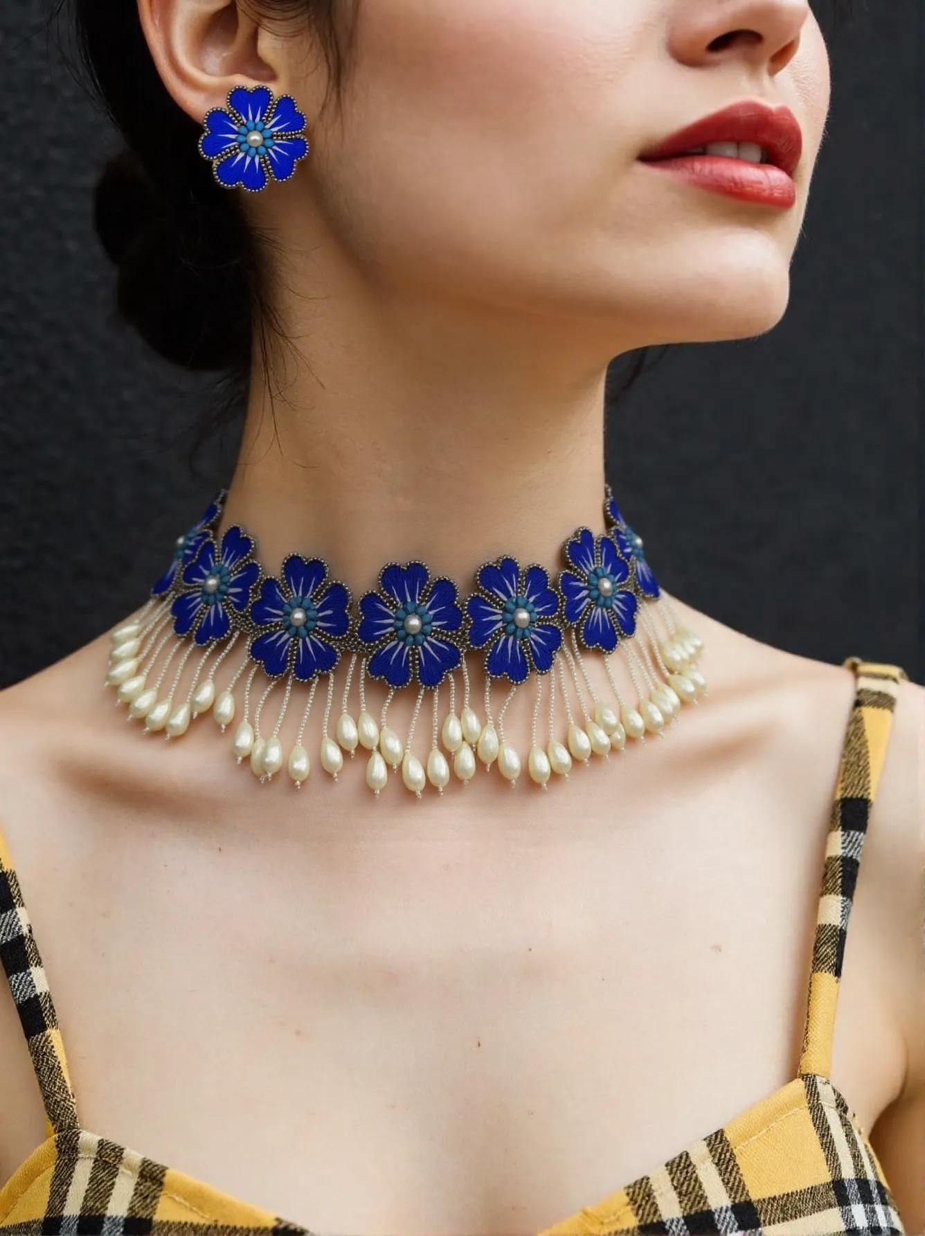 Blue Flower With Pearl Beaded Choker Set - Main Image