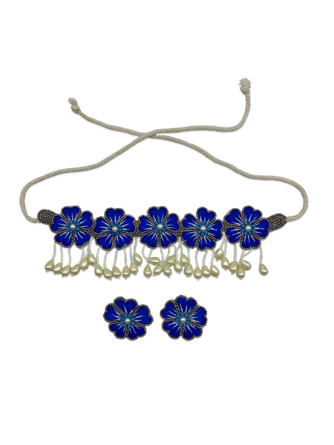 Blue Flower With Pearl Beaded Choker Set