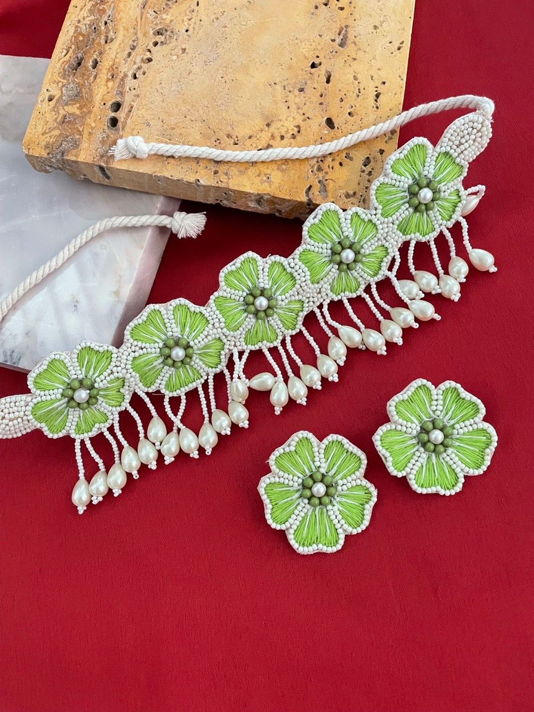 Green Flower & Pearl Beaded Choker Set