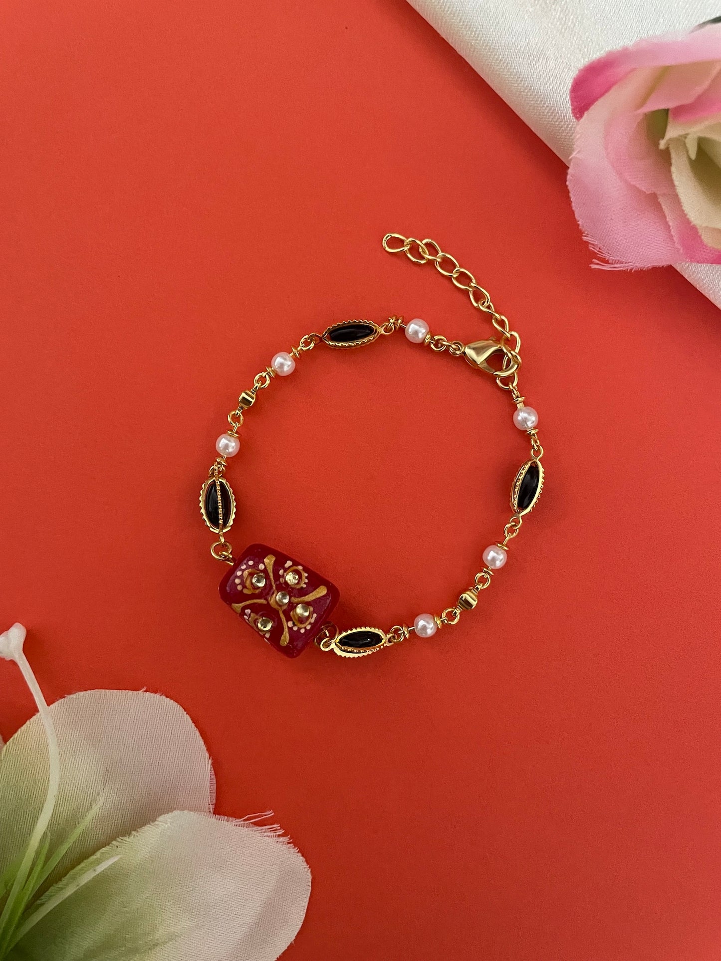 Red Stone With Pearl Bracelet Lumba Rakhi