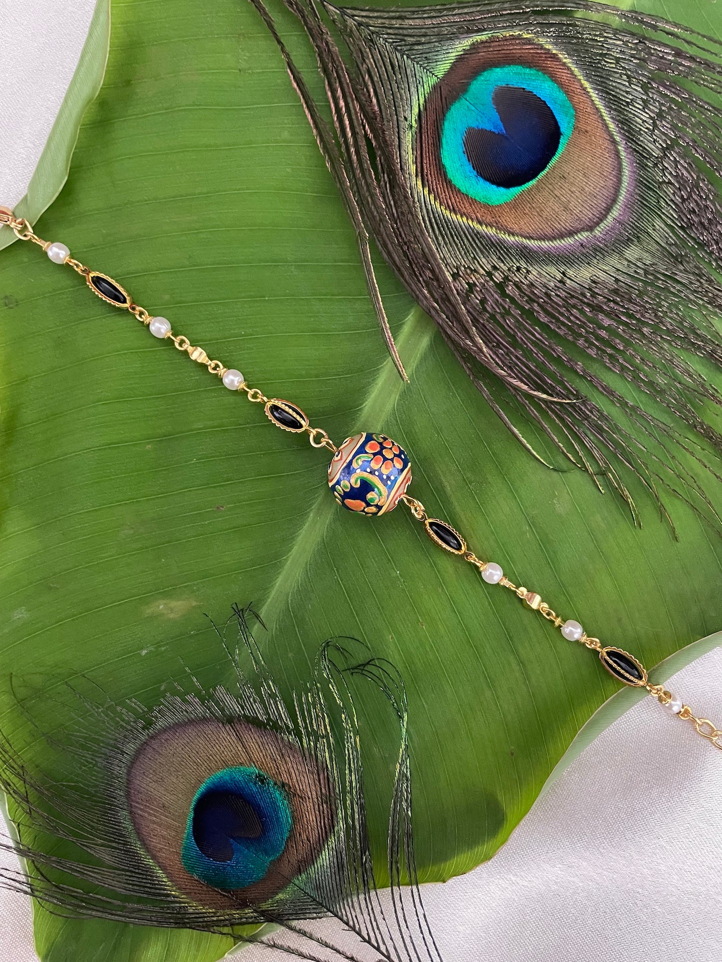 Hand-Painted Blue Ball Stone/Pearl Bracelet Lumba Rakhi