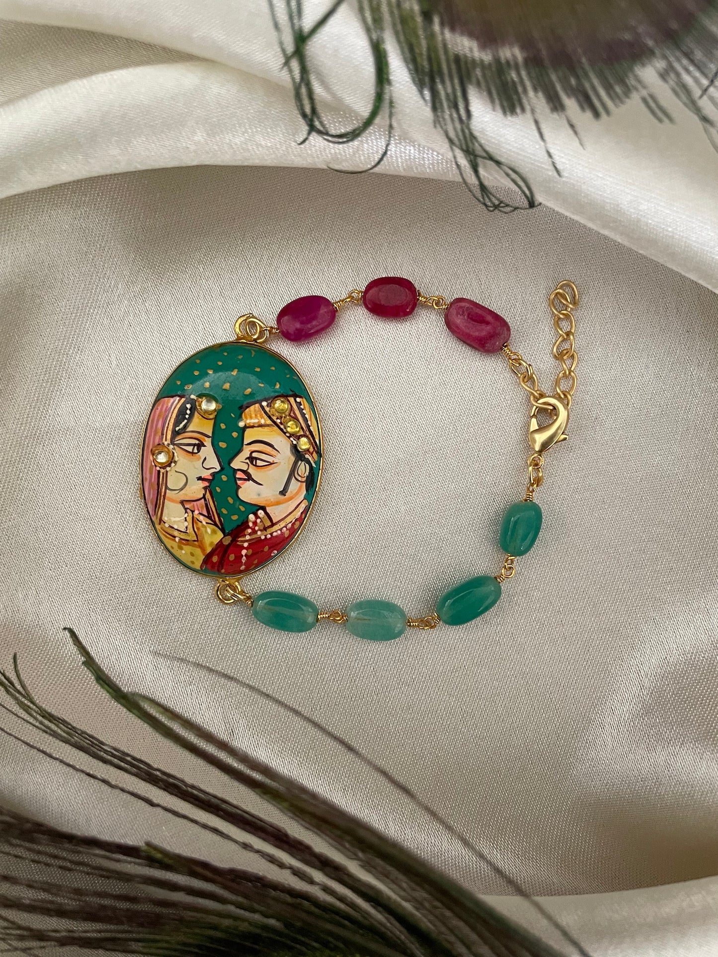 Radha Krishna Oval Pendant/Beads Bracelet Lumba Rakhi