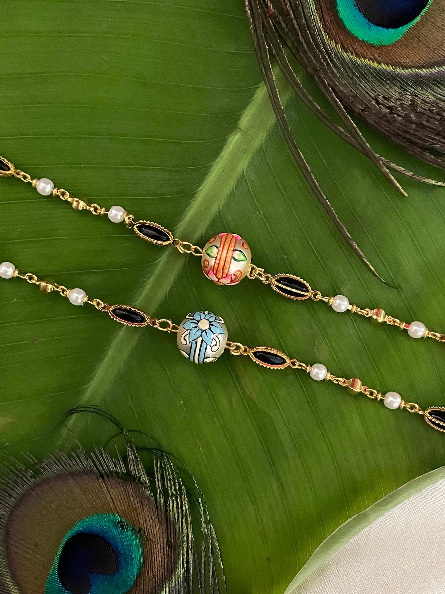 (Set of 2) Pink/Light Blue Ball Stone Bracelet Lumba Rakhi