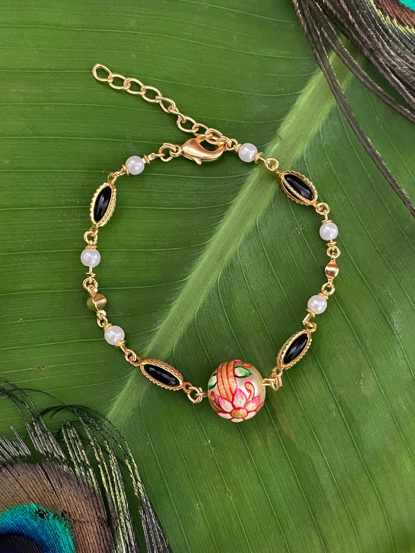 Hand-Painted Pink Ball Stone/Pearl Bracelet Lumba Rakhi