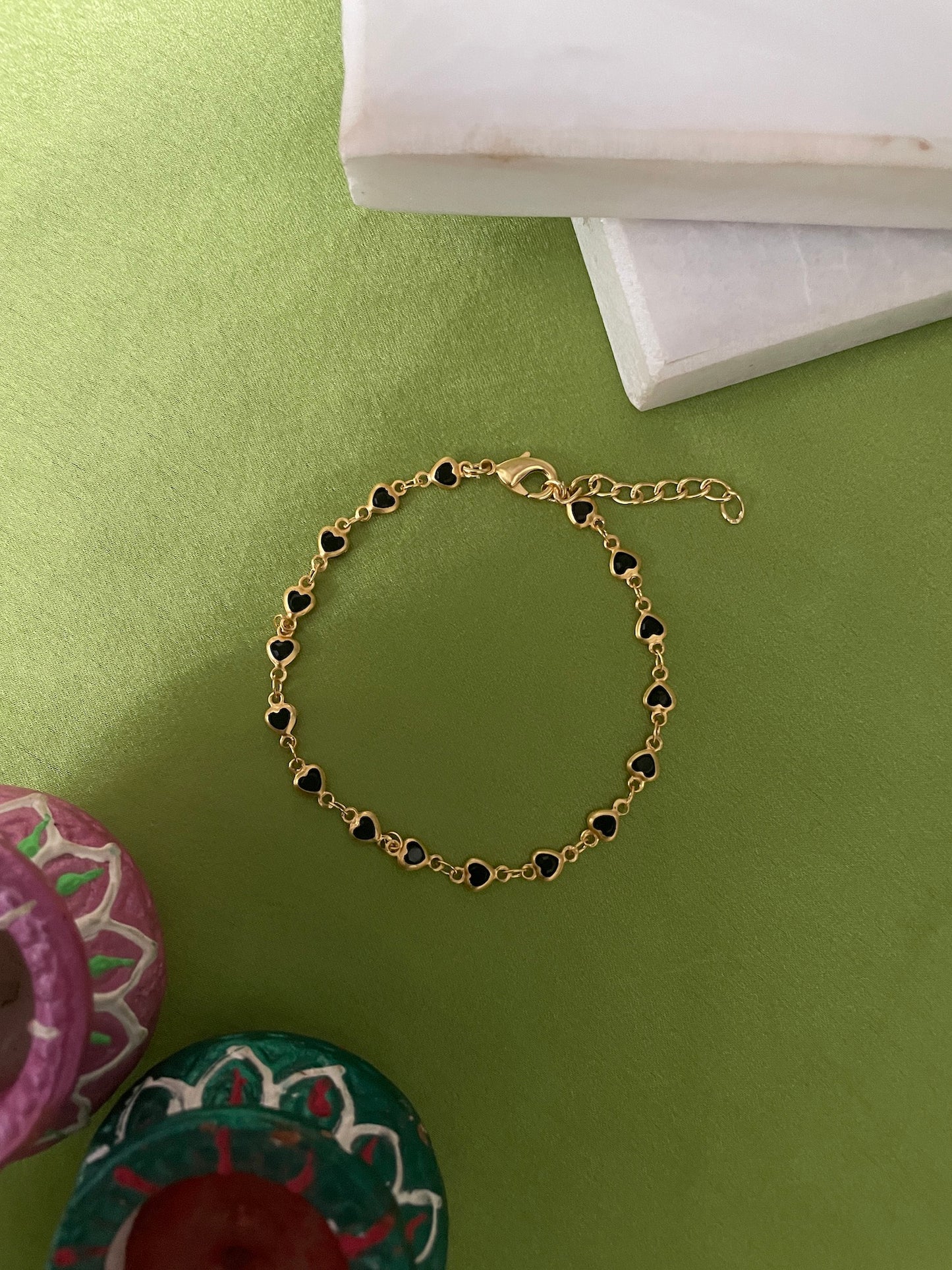 Black Color Stone Mini Heart Charm Bracelet Rakhi Lumba