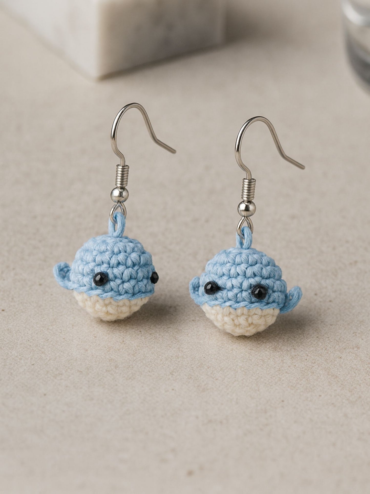 Crochet Woolen Blue Whale Earrings for Women