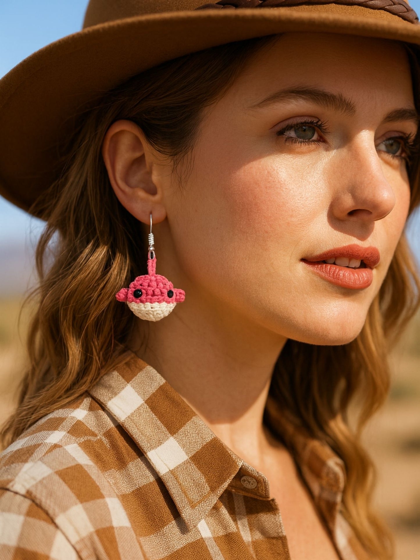 Crochet Woolen Pink Whale Earrings for Women