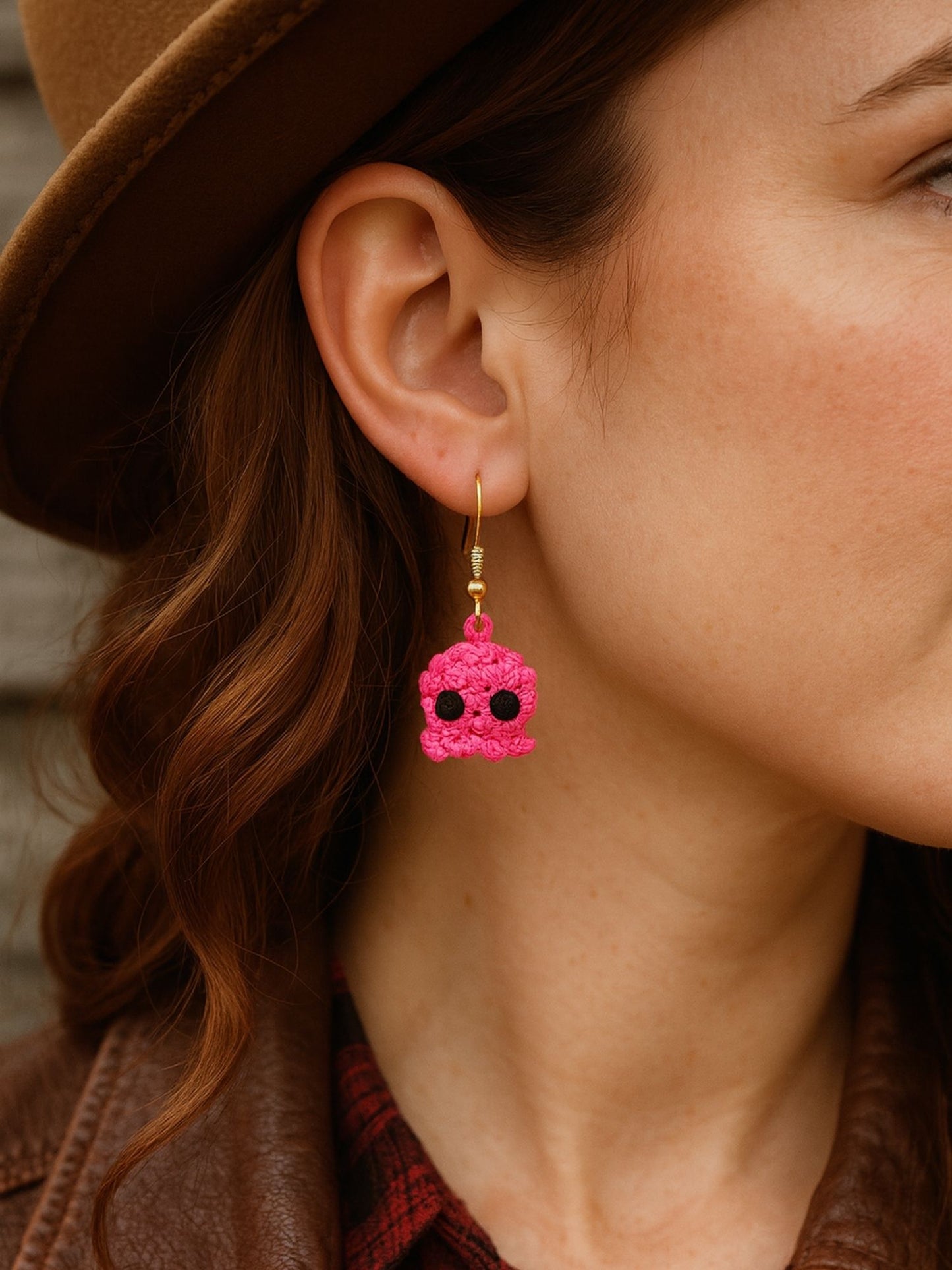 Crochet Woolen Pink Octopus Earrings for Women