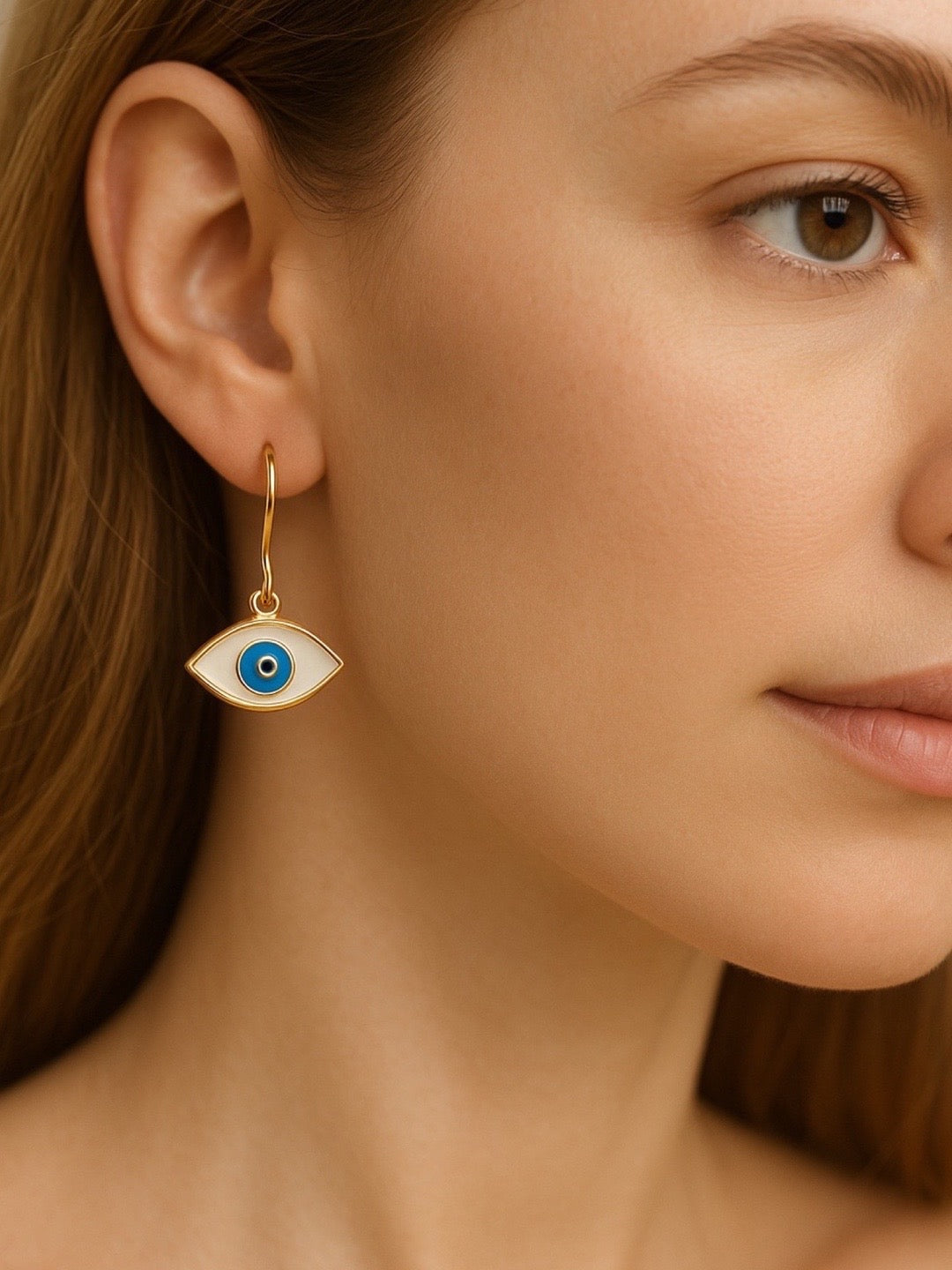 Oval White Evil Eye Dangler Earrings