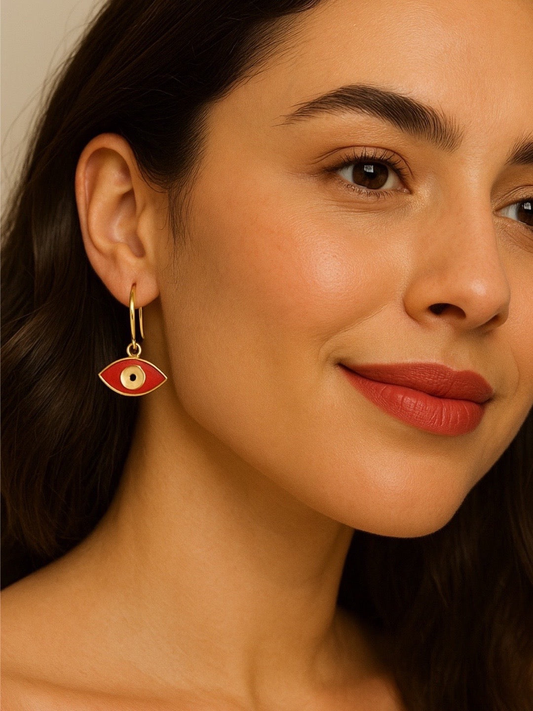 Oval Shape Red Evil Eye Dangler Earrings