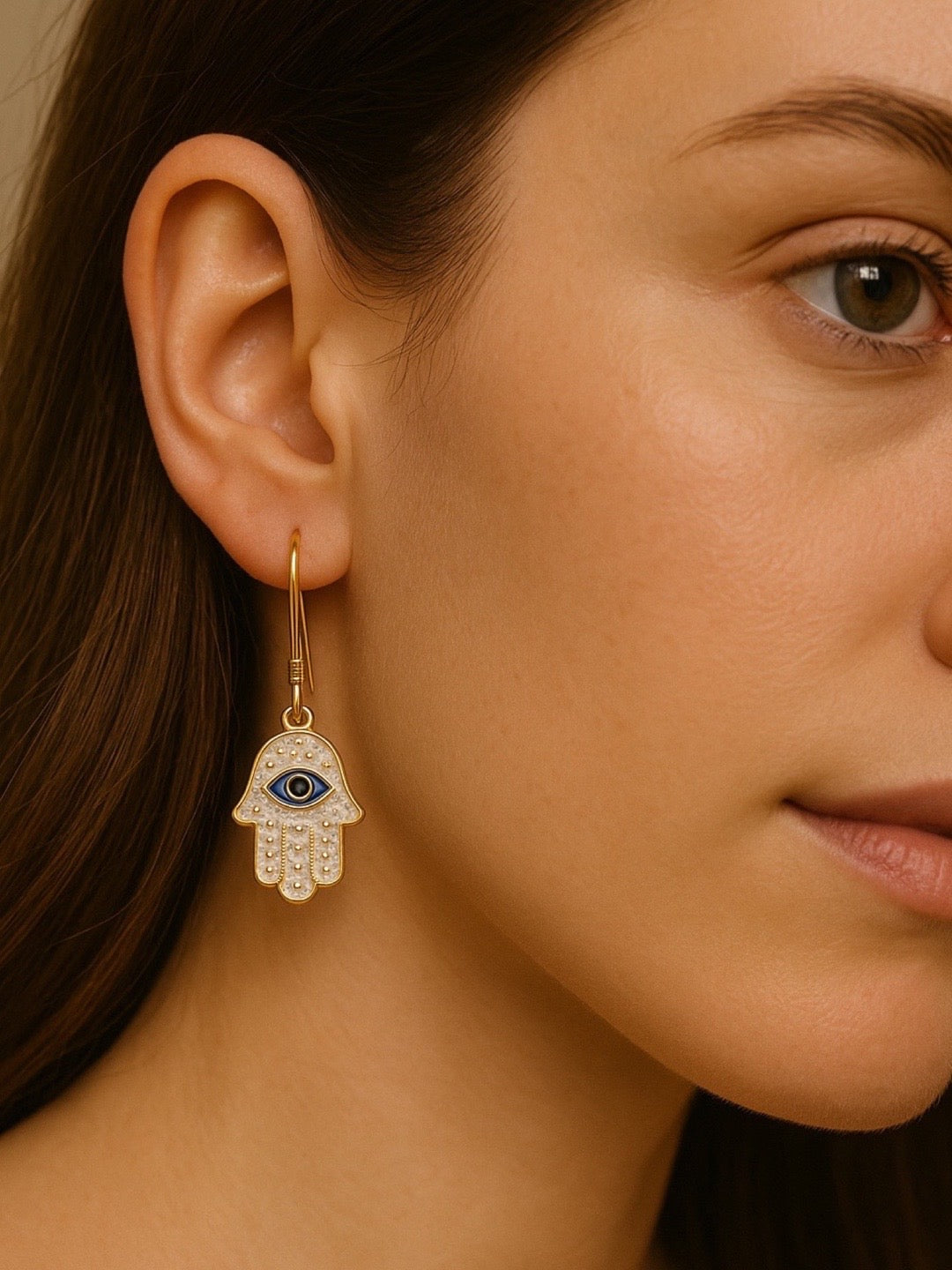 White Hamsa Evil Eye Dangler Earrings