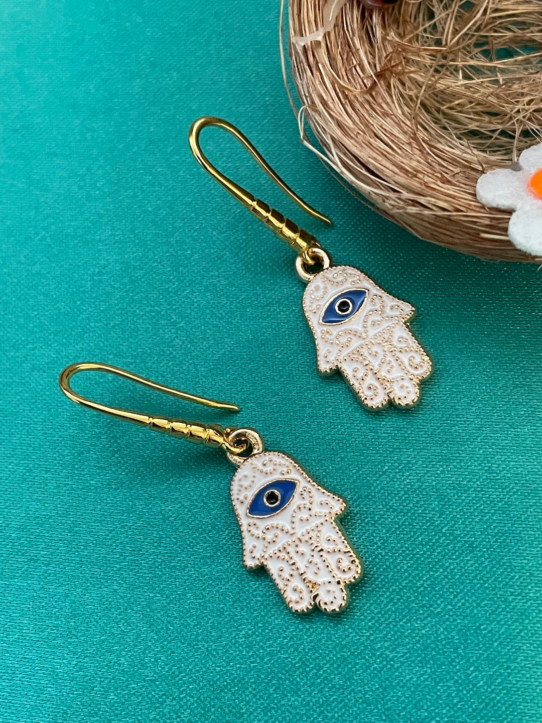 White Hamsa Evil Eye Dangler Earrings