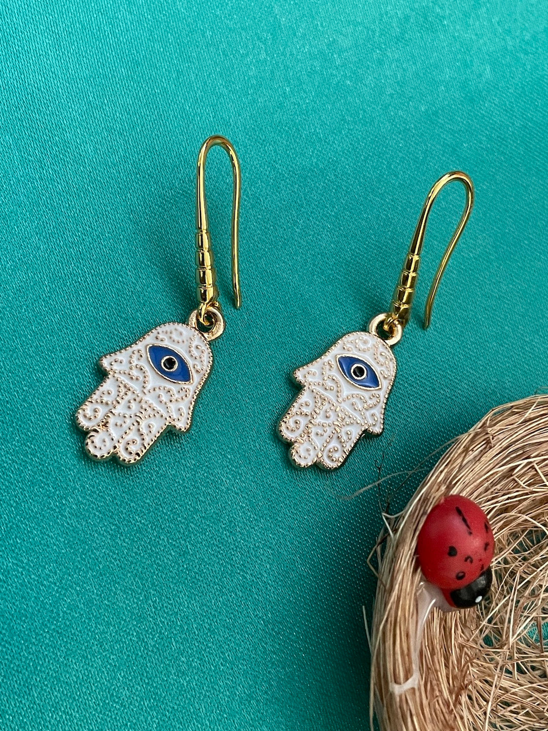 White Hamsa Evil Eye Dangler Earrings