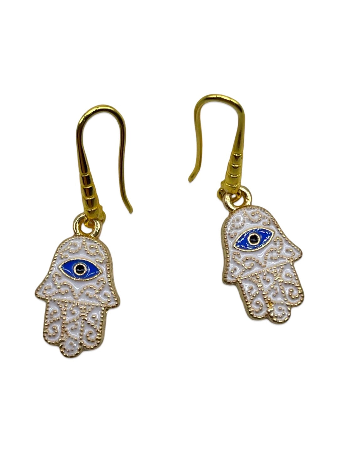 White Hamsa Evil Eye Dangler Earrings