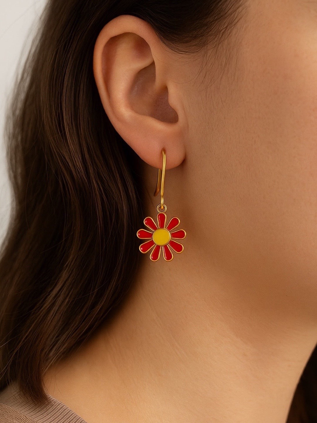 Mini Red Yellow Flower Dangler Earrings