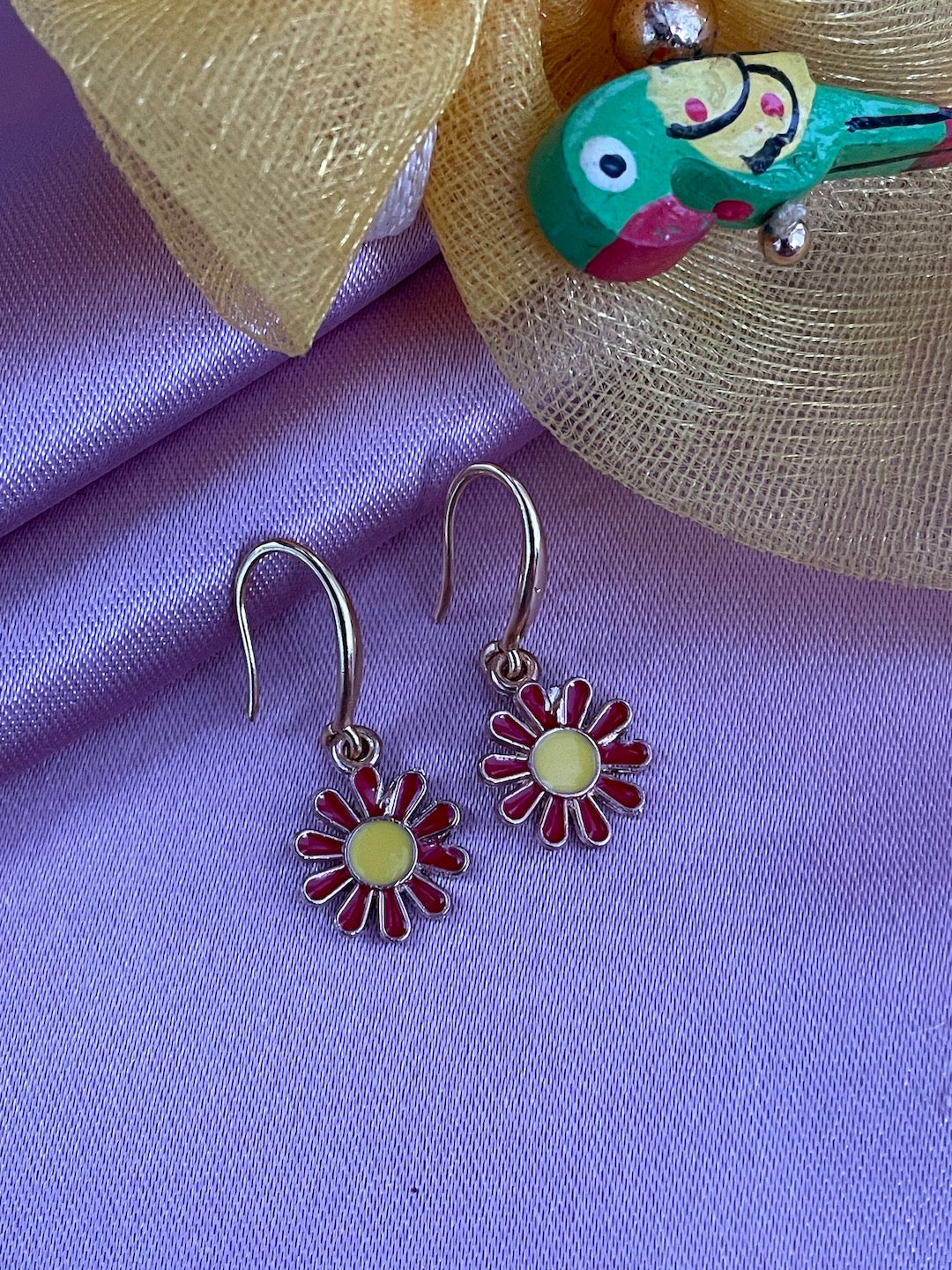 Mini Red Yellow Flower Dangler Earrings
